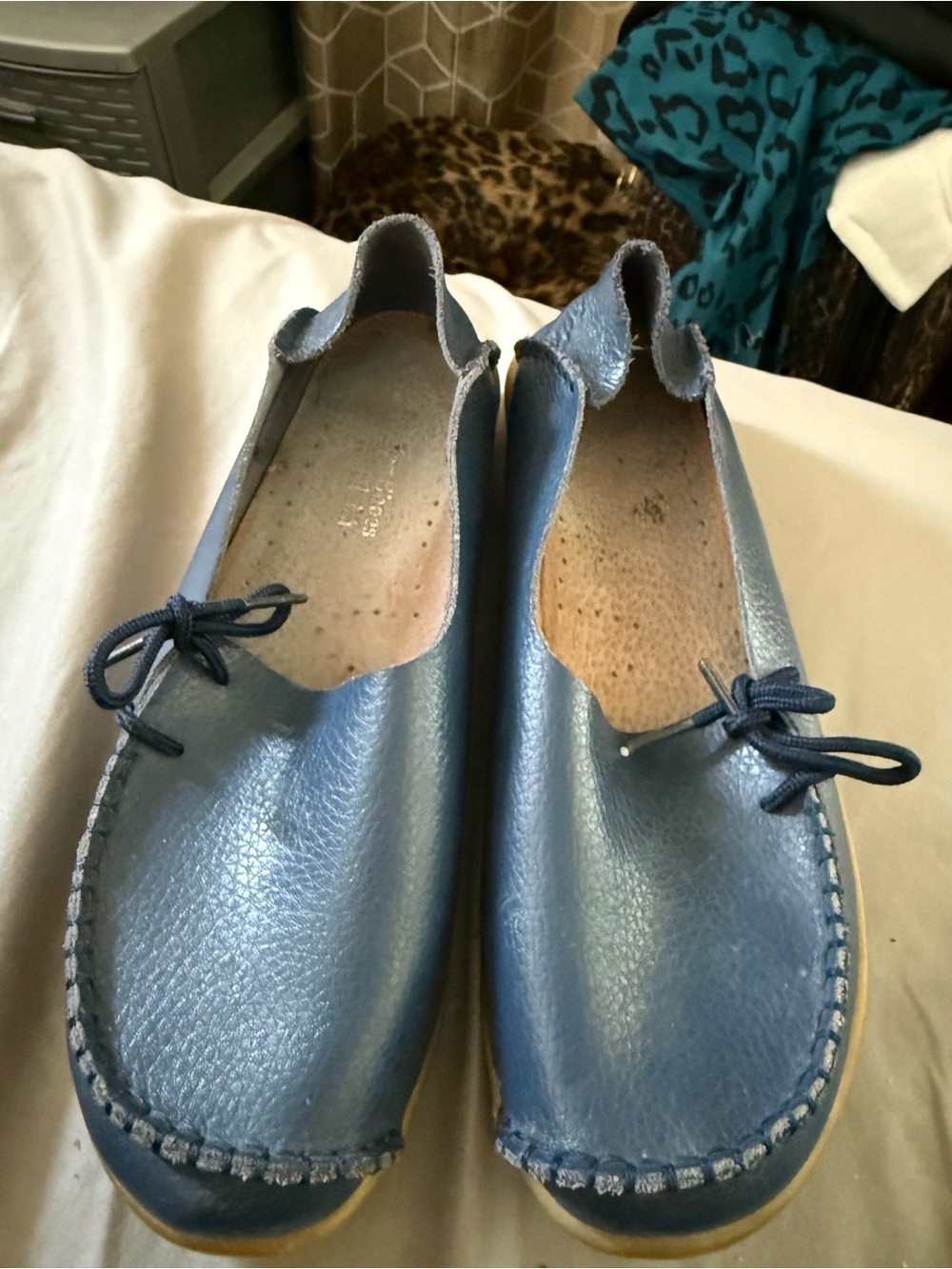 Kids Blue Leather Slip-On Shoes with Bow Accent
